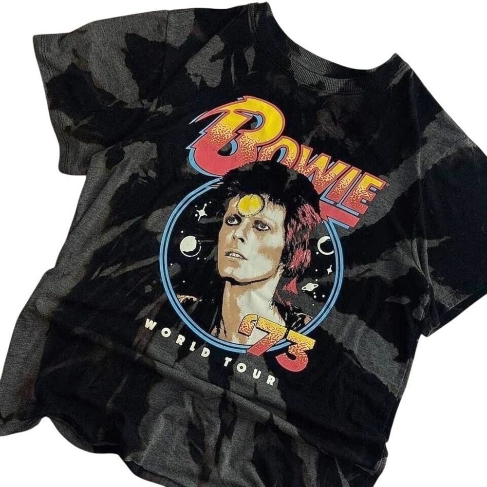 David Bowie 1973 World Tour Graphic T-Shirt Acid Wash Black Grey Medium